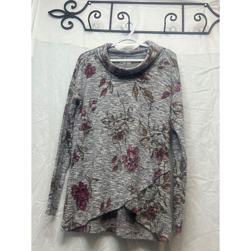 Maurices 24/7 Womens Small Floral Cowl Neck Tunic Grey Burgundy Crossover Hem